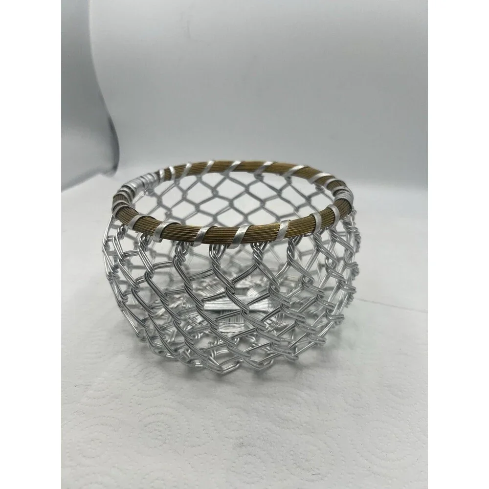 Vintage Brutalist WireBasket Woven Aluminum & Brass Mid-Century MCM Bowl 6.5